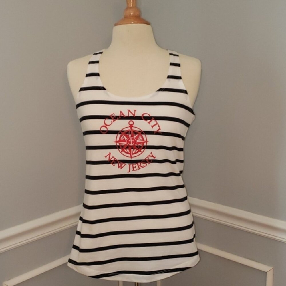 SOUTHPOINTE Blue White Striped Ocean City NJ Graphic Nautical Muscle Tank Top S‎